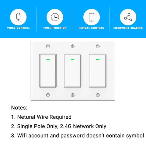 Smart 3 Gang WiFi Light Switch With 2.4GHz WiFi, No Hub Needed, Voice Control For Alexa And Google Home, White Push Button