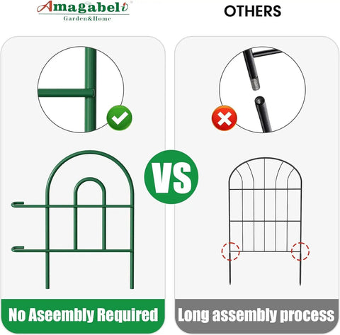 Comparison of No Dig Rustproof Metal Garden Fence Kit vs other fences, highlighting easy no-assembly and rustproof design.
