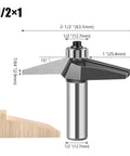 Heavy Duty Pro Grade 15 Degree Chamfer Router Bit For Woodworking Built Like A Tank Bevel Flush Trim Cutter with dimensions and a wood block.