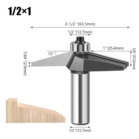 Heavy Duty Pro Grade 15 Degree Chamfer Router Bit For Woodworking Built Like A Tank Bevel Flush Trim Cutter with dimensions and a wood block.