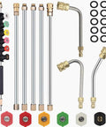 Pressure Washer Extension Wand Upgrade With Curved Rod Heads For Hard To Reach Areas Includes 30 Degree 90 Degree And 120 Degree Nozzles One Quarter Inch Quick Connect Replacement For Anti Leaked Ring Up To 4000 PSI showing full kit with nozzles and rods