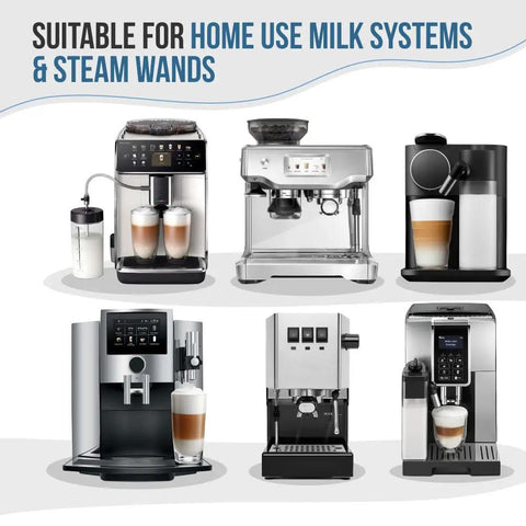Universal Milk Frother Cleaner For All Coffee Machines Just Add Water No Fuss Deep Clean Milk Systems Steam Wands And Dairy Components Removes Milk Residue Extends Equipment Life Keeps Your Coffee Tasting Fresh; shown with home coffee machines