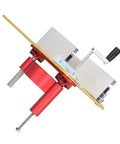 No Sweat Router Lift Base Kit With Precision Table Insert Plate For Snappy Woodworking Trims And Chamfering Heavy Duty Powder Coated Alloy Quick Adjust Gold Workbench Upgrade top view with gold plate and red adjustable base.
