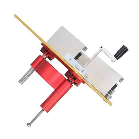 No Sweat Router Lift Base Kit With Precision Table Insert Plate For Snappy Woodworking Trims And Chamfering Heavy Duty Powder Coated Alloy Quick Adjust Gold Workbench Upgrade top view with gold plate and red adjustable base.