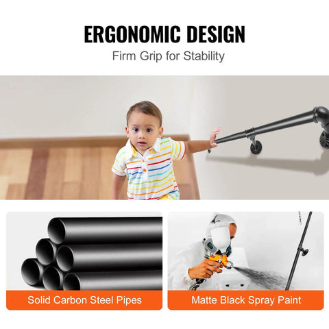 Rock Solid Six Foot Carbon Steel Staircase Handrail With Heavy Duty Wall Mounts Job Site Grade Industrial Pipe Railing Supports Four Forty Pounds Clean Rounded Edges Shop Ready For Porch Or Deck with ergonomic design and firm grip.