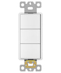 Triple Paddle Rocker Decorator Switch With Ground Terminal And Clamp-Type Back Wiring Copper Contacts Single Pole Residential Grade 15A 120V To 277V White, front view