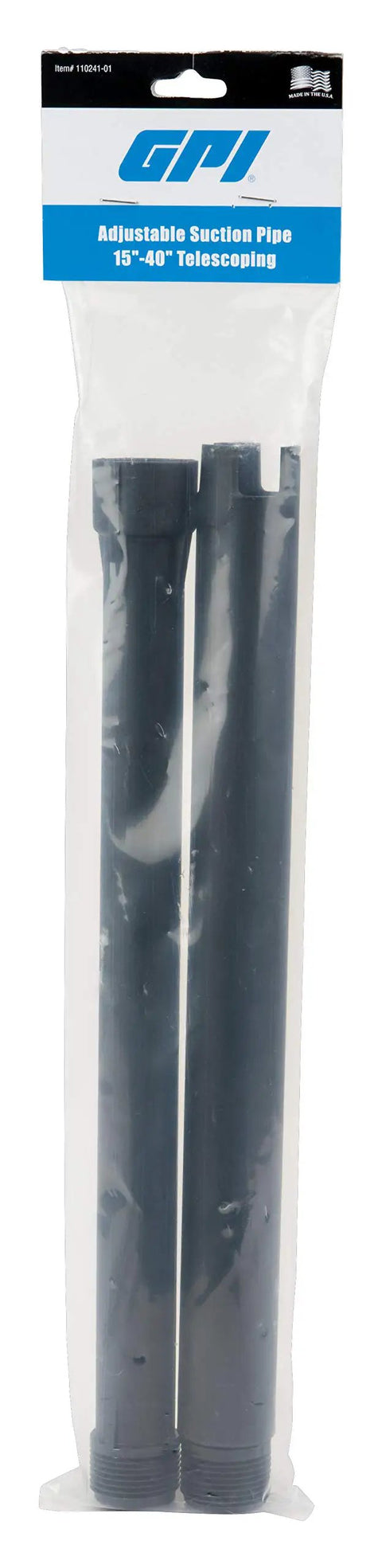 Telescoping Suction Pipe for Fluid Transfer Pumps, Adjustable 15 to 40 Inches, 1 Inch NPT, polyethylene packaging.