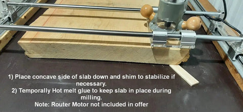 Slab Flattening Router Sled Kit With Rail Jig For Easy End Grain Boards And Epoxy Slabs, wood slab secured for milling