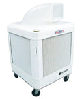 Beat The Dog Days Heat Without The Hassle Using This Portable Oscillating Evaporative Cooler, white, with wheels for mobility.