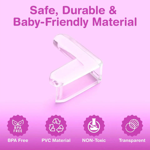 Tough As Nails L Shaped Table Corner Protectors For No Worries Baby Proofing And Toddler Safety 15 Pack Clear Gel Bumpers on pink background.