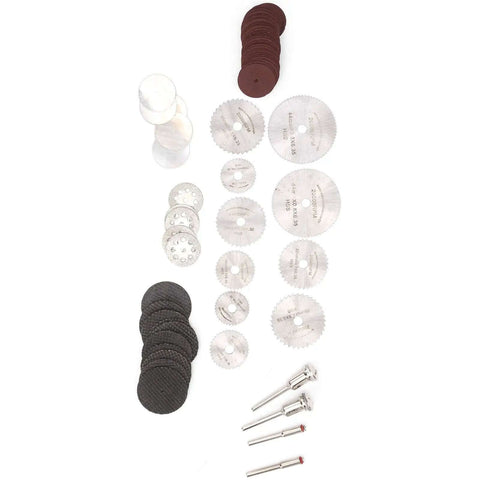65 Piece Cutting Wheel Set For Glass Tile Metal With HSS Resin Cutters Pro Grade 8 Hole Discs displayed on white background