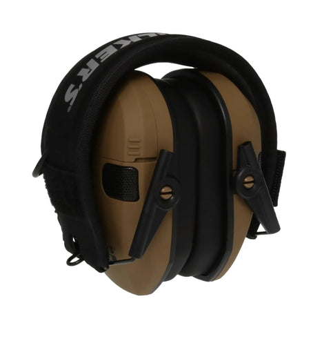 Razor Slim Electronic Earmuffs For Shooting And Hunting With Ultra Low Profile Design Adjustable Fit Sound Amplification And Clear Hearing Of Surroundings On The Range In Battle Brown Patriot Series front view