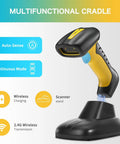 Upgraded 2D And 1D Bluetooth Barcode Scanner With Charging Dock Wireless 2.4G And BLE 2600mAh Battery Drop Proof And Dust Proof Hands Free Cradle For Windows Mac Android iOS Plug And Play showing features.
