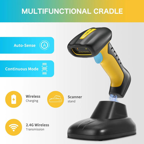 Upgraded 2D And 1D Bluetooth Barcode Scanner With Charging Dock Wireless 2.4G And BLE 2600mAh Battery Drop Proof And Dust Proof Hands Free Cradle For Windows Mac Android iOS Plug And Play showing features.