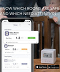 Continuous Home Radon Detector With Battery Power And Display Super Fast Readings For Quick Easy Home Safety Checks EF100 Style Smart Radon Sensor Fast Easy To Read Digital Display And Battery Operated For Portable Home Monitoring app screen beside tabletop detector
