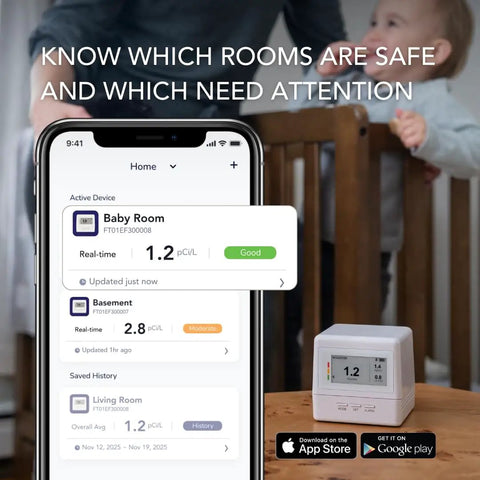 Continuous Home Radon Detector With Battery Power And Display Super Fast Readings For Quick Easy Home Safety Checks EF100 Style Smart Radon Sensor Fast Easy To Read Digital Display And Battery Operated For Portable Home Monitoring app screen beside tabletop detector
