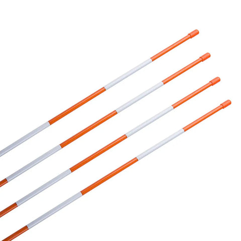Four orange and white fiberglass poles from 50 Pack 48 Inch Driveway Marker Set With 1/4 Inch Fiberglass Reflective Snow Stakes