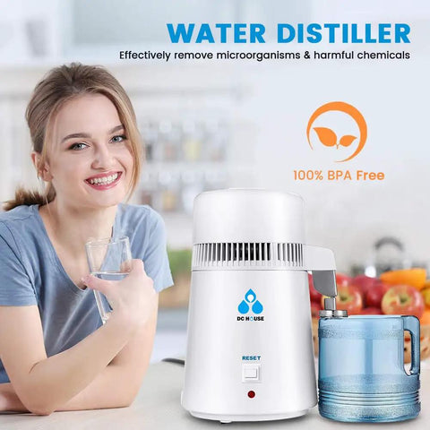 Smiling woman next to No Fuss Everyday Home Water Distiller 1 Gallon Maker 750W Power 4L Capacity on kitchen countertop