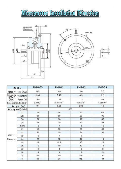 Technical diagram of Pro Grade Single Shaft Magnetic Powder Brake System With TB-200S Controller showing installation and dimensions.