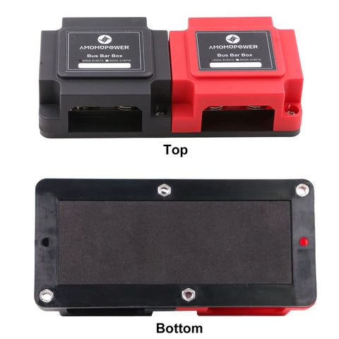 Heavy Duty 400A Power Distribution Block With Rock Solid Tin Plated Copper Bus Bar Featuring Eight M10 3 8 Studs For Straight Forward 12V To 48V DC Wiring Built Like A Tank top and bottom view.