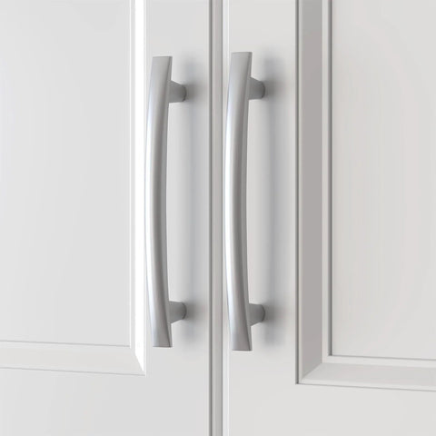 20 Pack Brushed Nickel Cabinet Pulls 5 Inch Arch Curved Drawer Handles installed on white kitchen cabinets