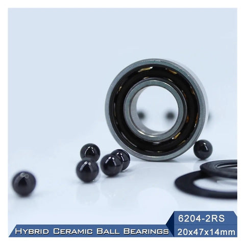 Top Quality 6204 Hybrid Ceramic Bearing 20x47x14mm Sealed Deep Groove Design with balls and seals on a light background.