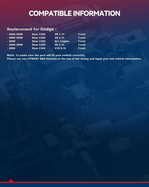 Compatibility information for Front Wheel Bearing And Hub Assembly For Dodge Ram 1500 2006 2007 2008 2009 5 Lug With ABS.