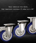 Three heavy duty industrial flat Six Inch Blue Rubber Castor Wheels With Silent 360 Degree Swivel Rotation And Heat Resistant Build for carts.