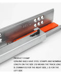No Sweat Push To Open Drawer Slides One Pair Twenty Inch Undermount Cabinet Hardware With Silent Ball Bearing Rails close-up of steel rail with orange detail, showing product stamp.