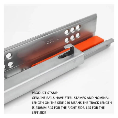 No Sweat Push To Open Drawer Slides One Pair Twenty Inch Undermount Cabinet Hardware With Silent Ball Bearing Rails close-up of steel rail with orange detail, showing product stamp.