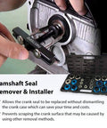 Crankshaft And Camshaft Bearing Removal And Installation Kit With Extra Long 118mm Hooks And Short 73mm Hooks For Seals Replacement On Cars Trucks Vans And SUVs Durable Service Tool Set For Quick Seal Swaps And Precise Installation, shown with open carrying case and tools in use on engine component