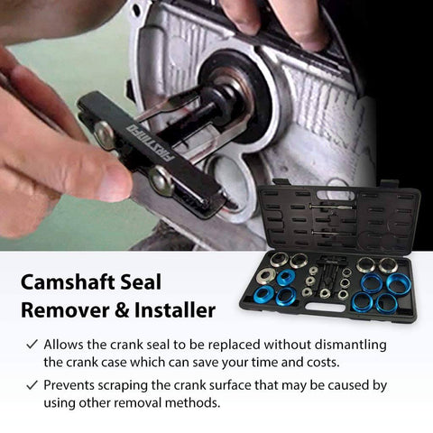 Crankshaft And Camshaft Bearing Removal And Installation Kit With Extra Long 118mm Hooks And Short 73mm Hooks For Seals Replacement On Cars Trucks Vans And SUVs Durable Service Tool Set For Quick Seal Swaps And Precise Installation, shown with open carrying case and tools in use on engine component