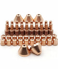 Heavy Duty Plasma Cutter Consumables Kit With Copper Electrode And Nozzle Set For Industrial 45A Torch Replacement Parts Plus Spares copper nozzles and electrodes arranged.