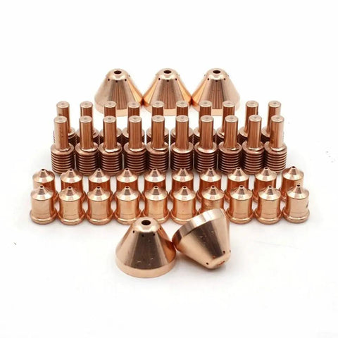 Heavy Duty Plasma Cutter Consumables Kit With Copper Electrode And Nozzle Set For Industrial 45A Torch Replacement Parts Plus Spares copper nozzles and electrodes arranged.