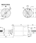 Technical diagram of RS775 DC Motor 12V 3000 RPM dual output long shaft fan motor showing dimensions and rotation direction.
