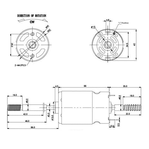 Technical diagram of RS775 DC Motor 12V 3000 RPM dual output long shaft fan motor showing dimensions and rotation direction.