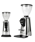 Professional Stepless Electric Coffee Bean Grinder With Adjustable Flat Burrs And Programmable Precise Dose Timer For Silky Espresso, side view with clear hopper.