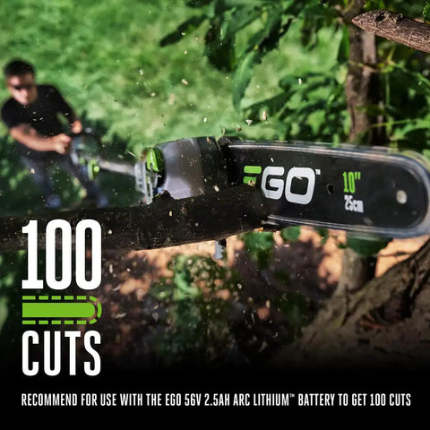 Close-up of Cordless Pole Saw for Tree Trimming With Telescopic Reach and LED Cut Line Indicator, showing blade in action on a tree branch