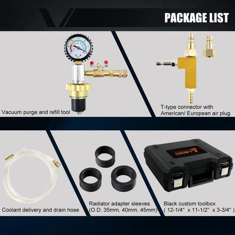 Pro Grade Automotive Radiator Coolant Vacuum Refill Tool Kit featuring vacuum purge, refill tool, hoses, and adapter sleeves.