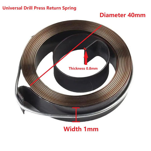 Heavy Duty Beefy Drill Press Return Springs 2 Pack Chrome Coated Steel Quill Feed Coil Sets For Bench Machines Garage Shop Ready Tough As Nails Workhorse Replacement Parts with measurements, diameter 40mm, thickness 0.8mm.