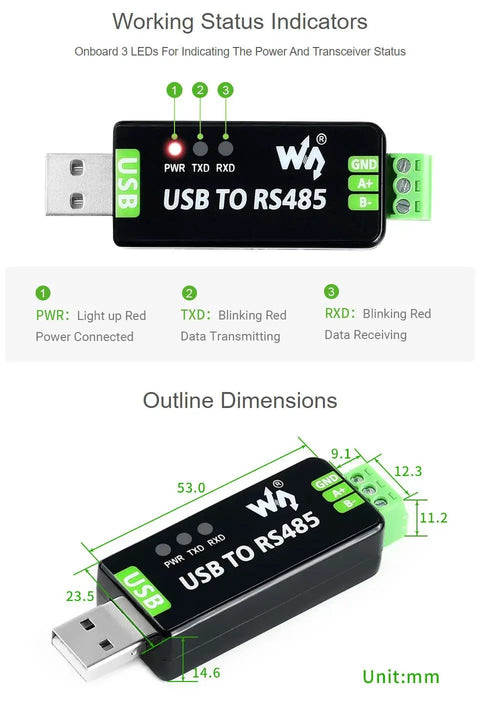 Industrial USB To RS485 Converter Two Pack With Original FT232RL Chip And SP485EEN Protection Circuitry Lightningproof Resettable Fuse ESD And TVS Protection For Rugged Industrial Control Gear, USB adapter and dimensions