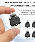 Hand holding 40 Piece Car Thermal Circuit Breaker Set With Manual Reset Push Button, showing various amp ratings and terminal caps
