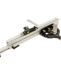 Beefy Precision Miter Gauge For Table Saws Featuring Heavy Duty Anodized Aluminum Construction With Adjustable Fence And Tight Micro Adjuster Setup For Dead Straight Woodworking Cuts Every Time on white background.