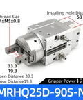 MRHQ25D-90S-N rotary actuators and air grippers for angular style pneumatic cylinders, silver with dimensions and gripper power details.