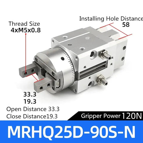 MRHQ25D-90S-N rotary actuators and air grippers for angular style pneumatic cylinders, silver with dimensions and gripper power details.