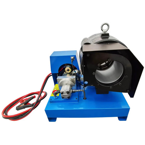 12V Portable Hydraulic Hose Crimper With 13 Quick Swap Dies built to crush one quarter to two inch lines, showcasing blue compact design.