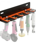 Rock Solid Wall Mount Air Tool Holder Lockable Five Slot Pneumatic Rack For Garage displaying five air tools on a shelf.