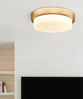 Dope Gold Brass Flush Mount Ceiling Light With 13 Inch Close To Ceiling LED Fixture Dimmable 24W in modern room setting