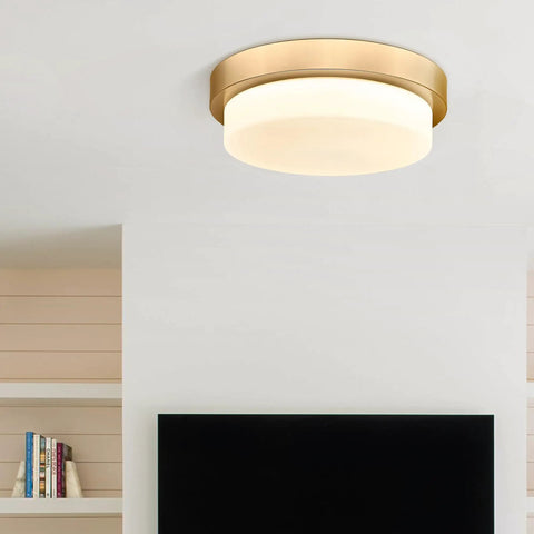 Dope Gold Brass Flush Mount Ceiling Light With 13 Inch Close To Ceiling LED Fixture Dimmable 24W in modern room setting
