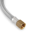 Stainless steel braided propane hose end with brass 3/8-in female flare fitting.